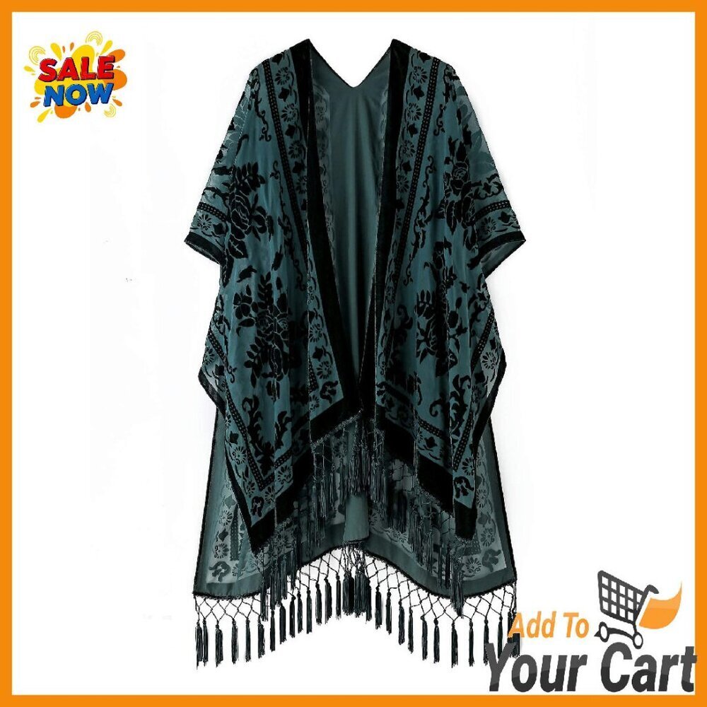 Burnout Velvet Kimono Long Cardigan Cover Up Tassel Women's